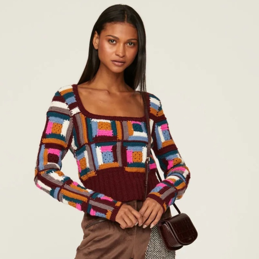 Sea New York Multicolor Camryn Crochet Square Patchwork Sweater - Burgundy Trim